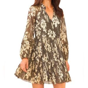 NEW Vince Camuto Lurex Floral Print Tiered Shift Dress Black & Gold Size XL